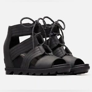 Sorel Joanie II Lace-Up Black Leather Wedge Sandals Womens Sz 10 Nubuck Leather